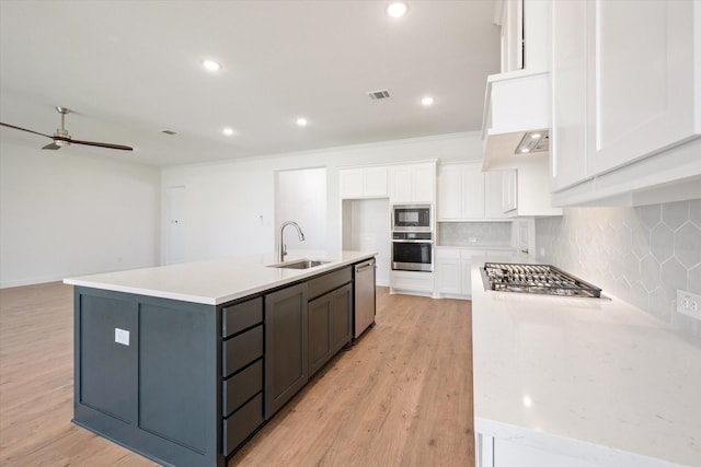 kitchen featuring white cabinets, appliances with stainless steel finishes, sink, backsplash, and a center island with sink