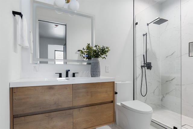 bathroom featuring toilet, walk in shower, and vanity