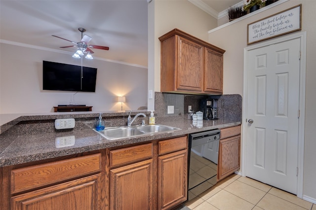 kitchen with black dishwasher, decorative backsplash, sink, ornamental molding, and light tile patterned floors