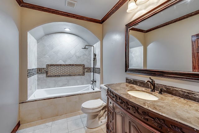 bathroom with tile patterned floors, toilet, vanity, and crown molding