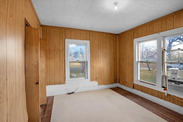 empty room with dark hardwood / wood-style flooring and wooden walls