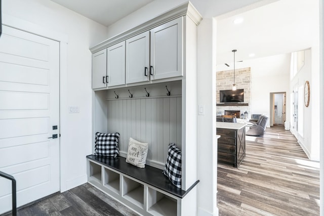 mudroom featuring dark wood-type flooring