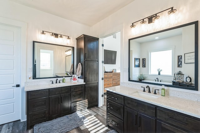 bathroom featuring a tub to relax in, vanity, and wood-type flooring