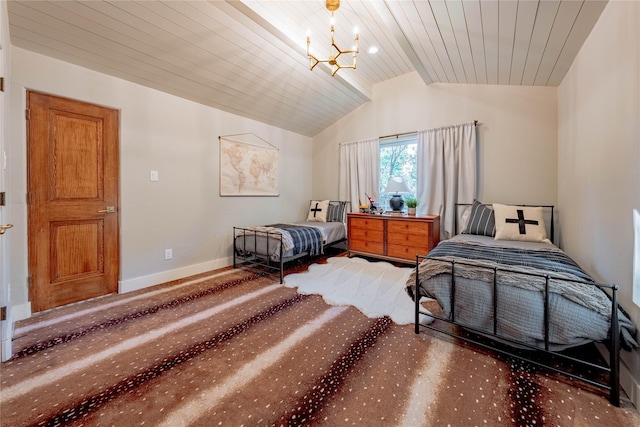 bedroom featuring wooden ceiling, lofted ceiling, and an inviting chandelier