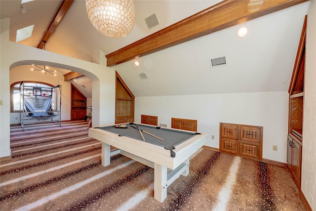 recreation room featuring carpet, billiards, lofted ceiling with beams, and an inviting chandelier