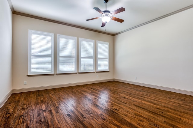 unfurnished room with ceiling fan, ornamental molding, and hardwood / wood-style floors