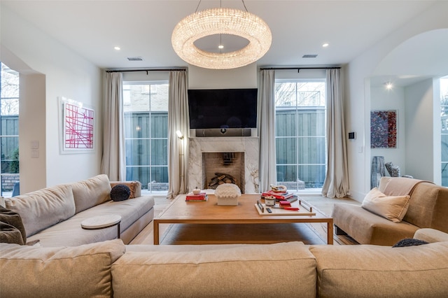 living room featuring a fireplace