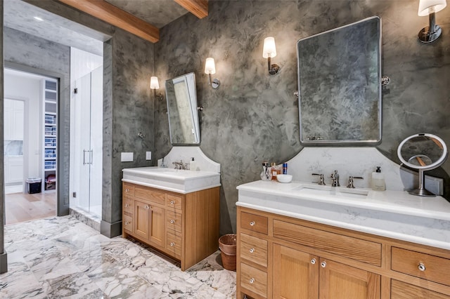 bathroom featuring vanity and beam ceiling