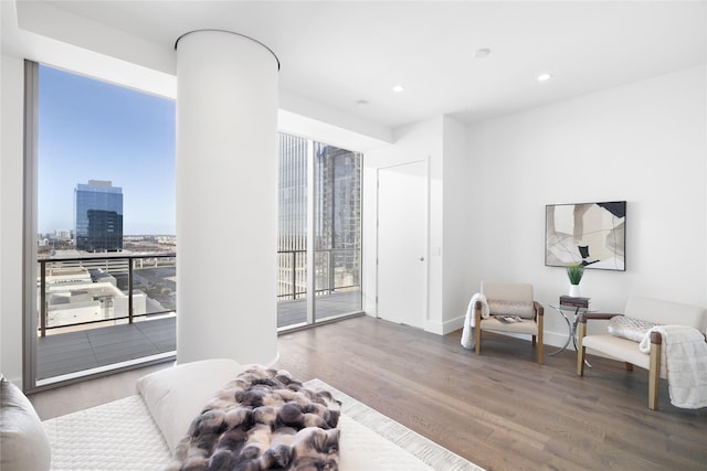 living area featuring plenty of natural light and dark hardwood / wood-style floors