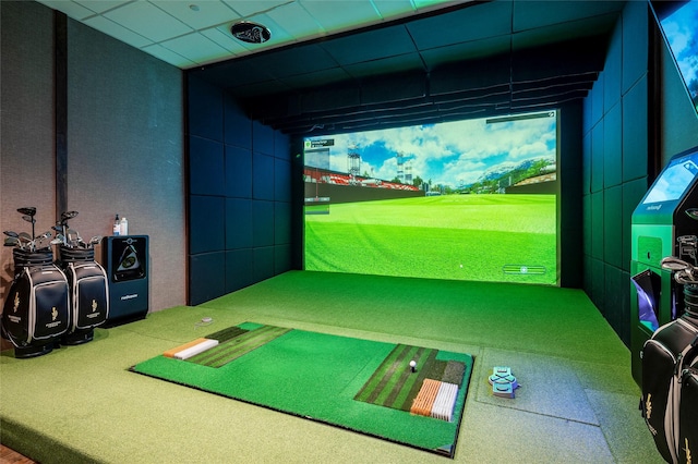 game room featuring golf simulator and carpet floors