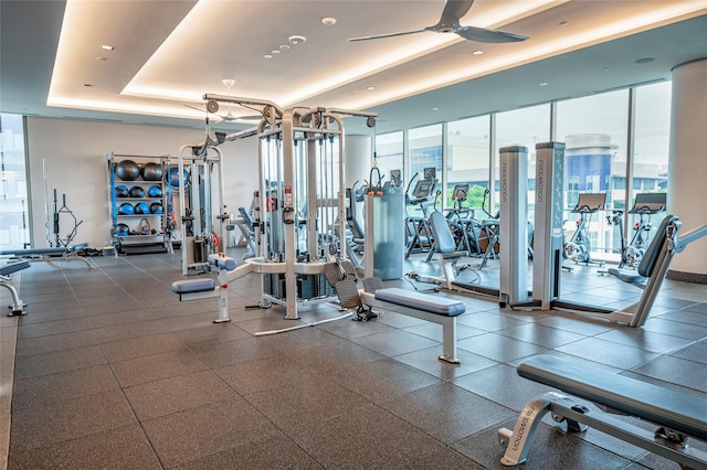 workout area featuring floor to ceiling windows, ceiling fan, and a healthy amount of sunlight