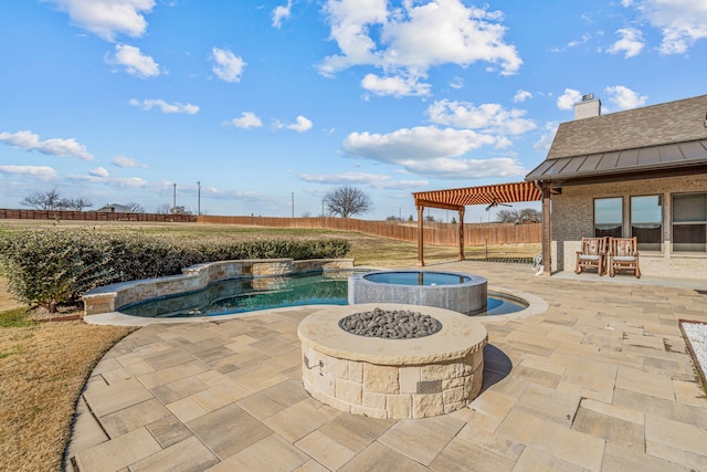 view of swimming pool featuring an in ground hot tub, a pergola, an outdoor fire pit, and a patio