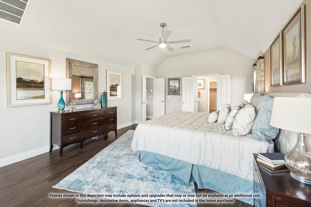 bedroom featuring ceiling fan, dark hardwood / wood-style flooring, and lofted ceiling