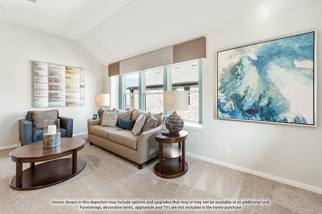 carpeted living room with lofted ceiling