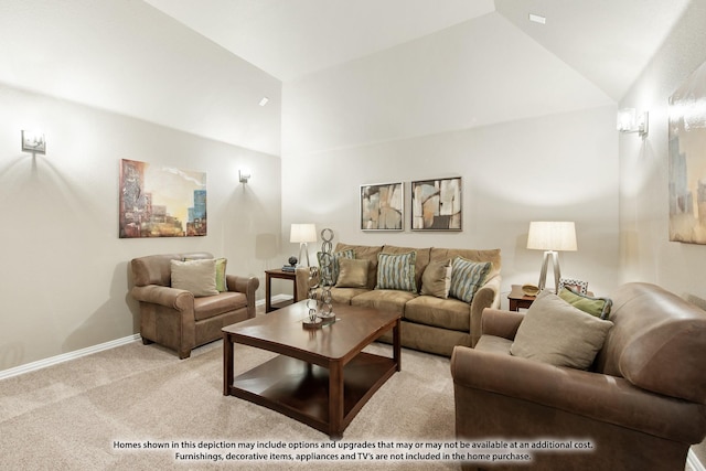 living room featuring lofted ceiling and light colored carpet