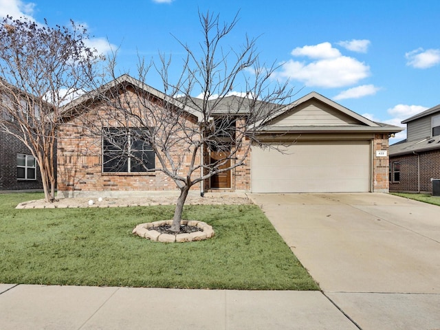 ranch-style house featuring brick siding, an attached garage, concrete driveway, and a front lawn