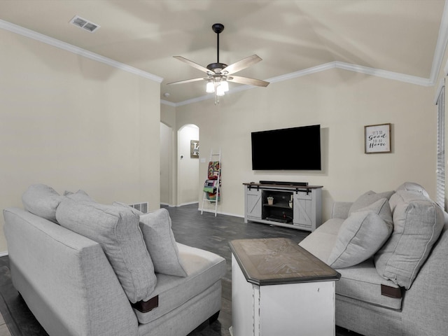 living room featuring crown molding and ceiling fan