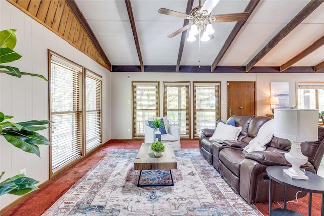 carpeted living room featuring ceiling fan, vaulted ceiling with beams, and wooden walls