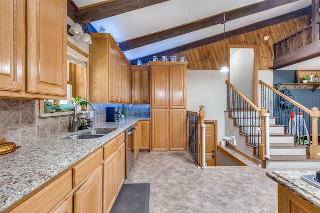 kitchen with dishwasher, beam ceiling, sink, light stone countertops, and high vaulted ceiling