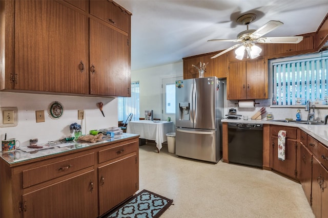 kitchen featuring ceiling fan, sink, dishwasher, and stainless steel fridge with ice dispenser