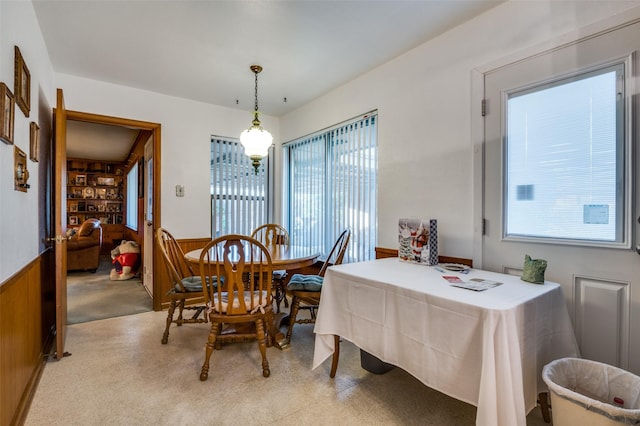 dining space with a wealth of natural light and wooden walls