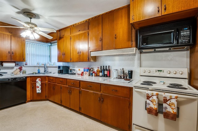 kitchen featuring ceiling fan, sink, tasteful backsplash, and black appliances