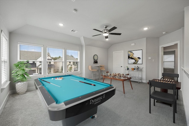 rec room with ceiling fan, lofted ceiling, pool table, and carpet floors