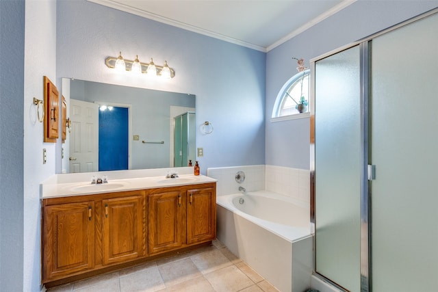 full bath featuring a bath, a shower stall, ornamental molding, and a sink