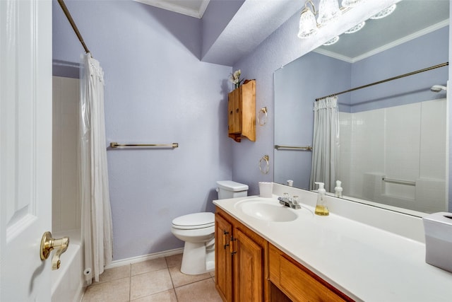 bathroom featuring tile patterned flooring, toilet, vanity, ornamental molding, and shower / tub combo with curtain