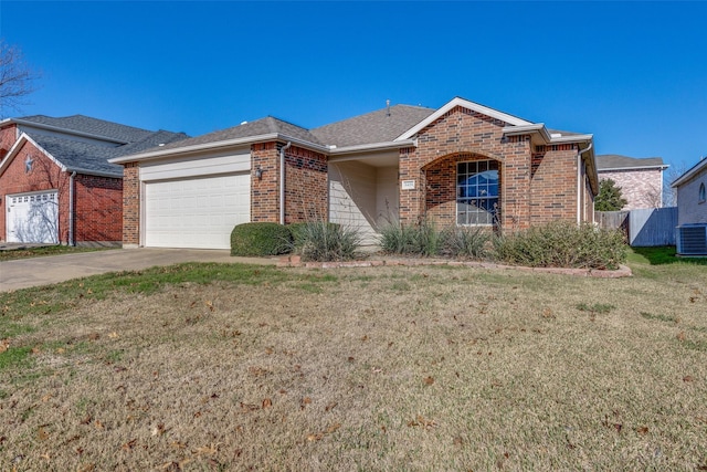 single story home with an attached garage, driveway, a front lawn, and brick siding