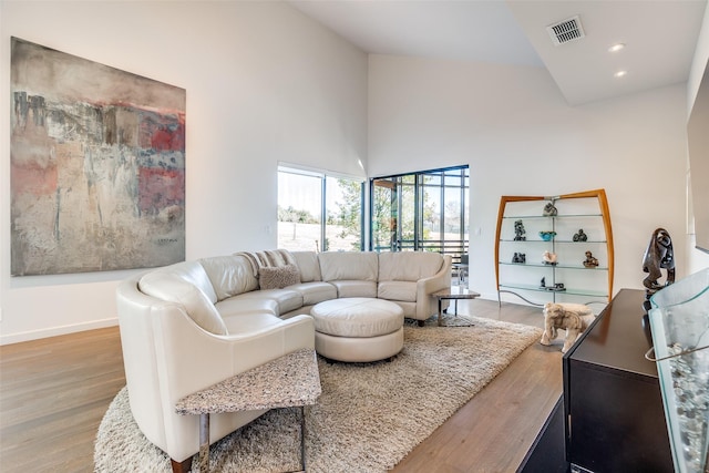 living room with wood-type flooring and a towering ceiling