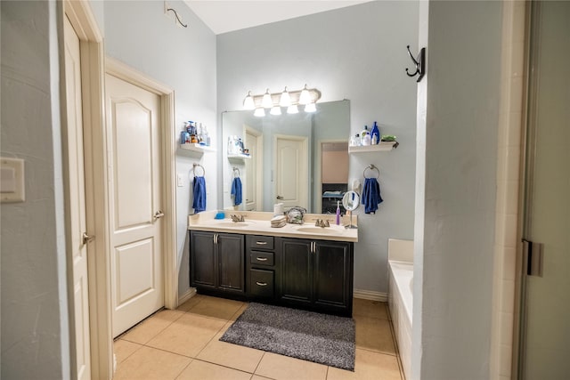 bathroom featuring vanity, independent shower and bath, and tile patterned flooring