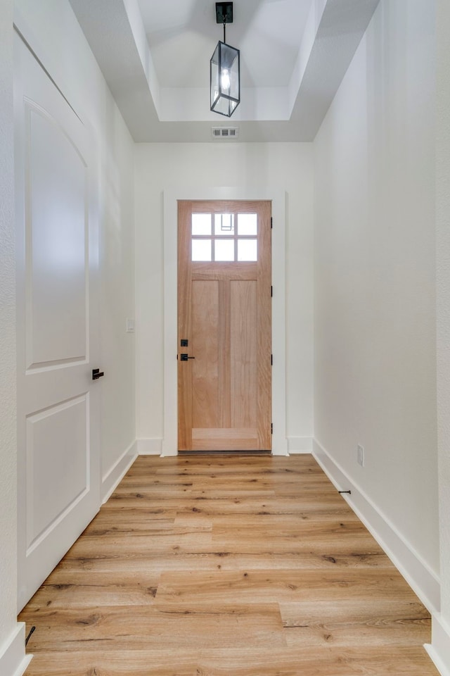 entryway featuring wood-type flooring and a tray ceiling