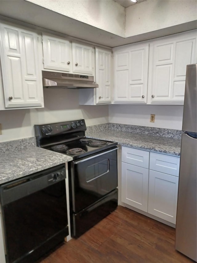 kitchen featuring light stone countertops, white cabinetry, dark hardwood / wood-style flooring, and black appliances