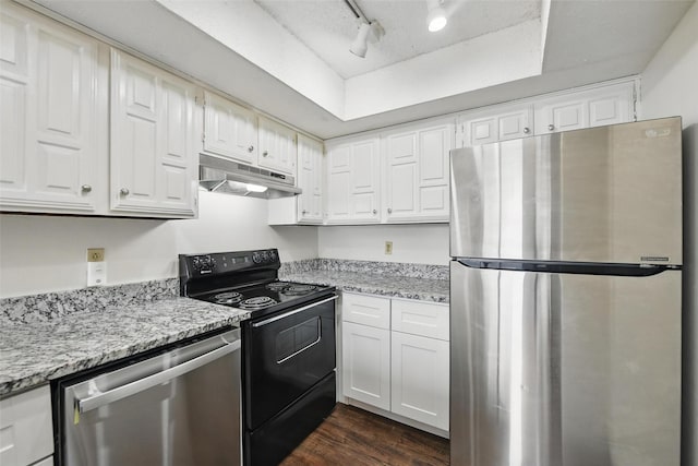821 Dublin Dr Unit 203, Richardson, TX 75080 - kitchen featuring white cabinets, appliances with stainless steel finishes, under cabinet range hood, dark wood-style flooring, and track lighting