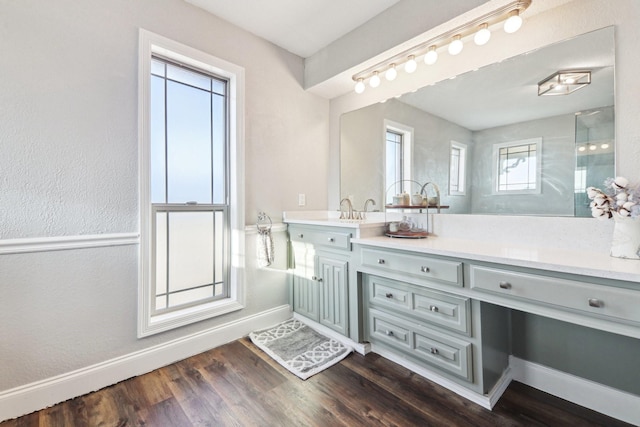 bathroom with vanity and wood-type flooring