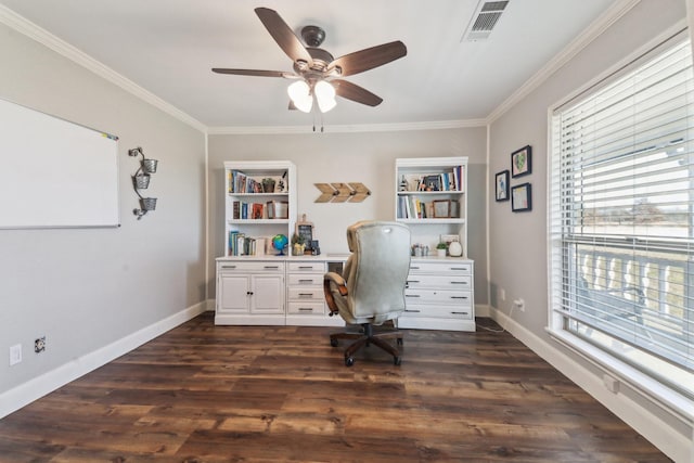 office featuring ceiling fan, built in features, and dark hardwood / wood-style flooring