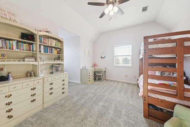 carpeted bedroom with ceiling fan and lofted ceiling