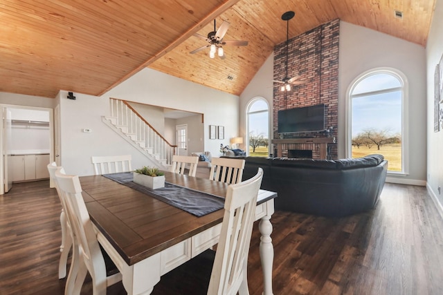 dining room with high vaulted ceiling, dark wood-type flooring, plenty of natural light, and wood ceiling