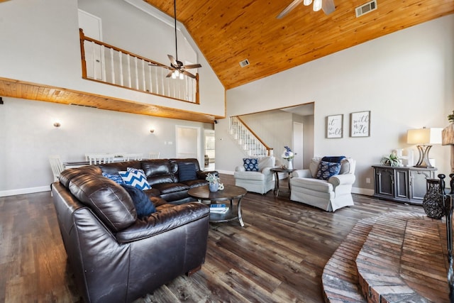 living room featuring high vaulted ceiling, ceiling fan, dark wood-type flooring, and wooden ceiling