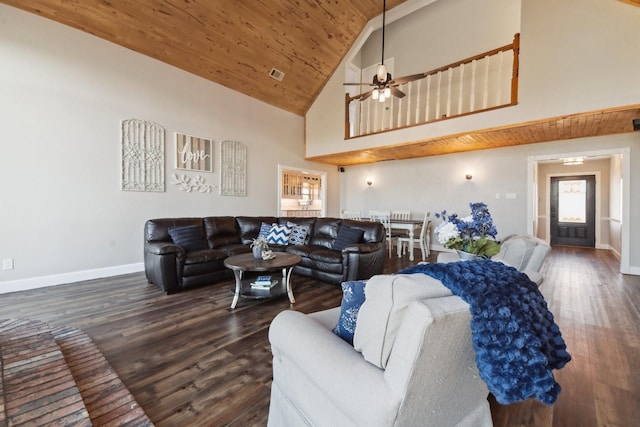 living room with ceiling fan, dark hardwood / wood-style floors, high vaulted ceiling, and wood ceiling