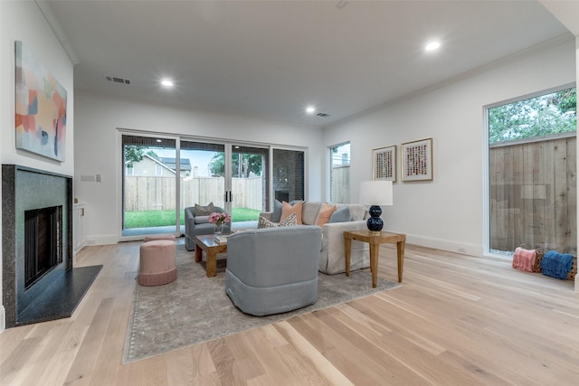 living room with ornamental molding and light hardwood / wood-style floors