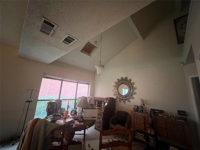 living room featuring lofted ceiling and a textured ceiling