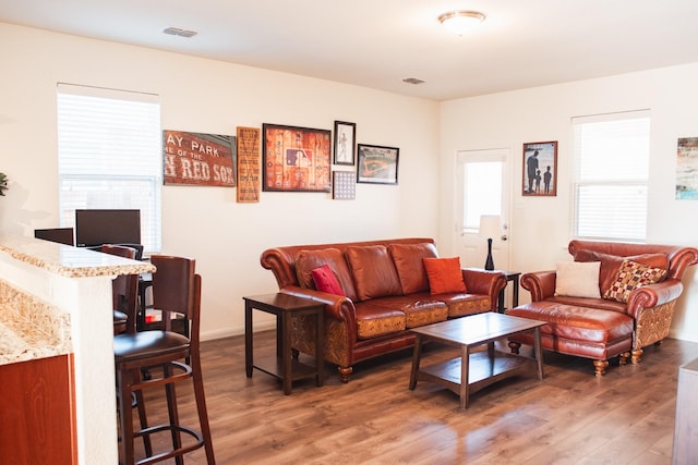 living room with dark hardwood / wood-style floors