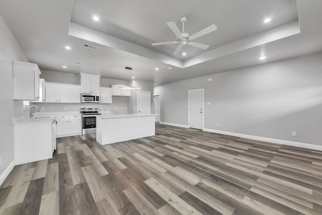 kitchen featuring appliances with stainless steel finishes, white cabinetry, a tray ceiling, and a center island