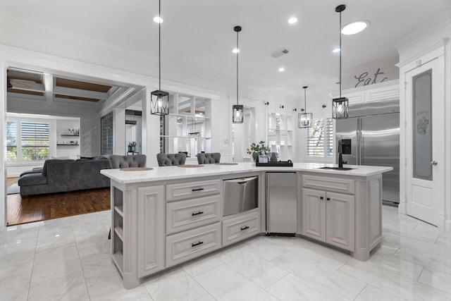 110 Quiet Hill Cir, Copper Canyon, TX 76226 - kitchen with open floor plan, light marble finish flooring, coffered ceiling, decorative light fixtures, and recessed lighting