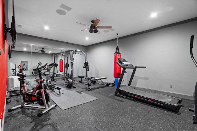 exercise area featuring ceiling fan and ornamental molding