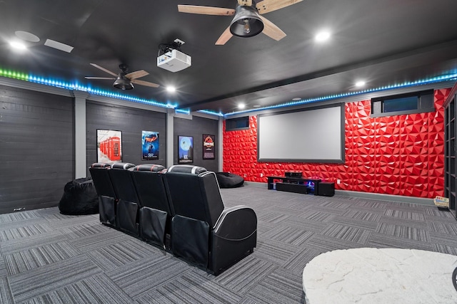 110 Quiet Hill Cir, Copper Canyon, TX 76226 - home theater with carpet flooring, ceiling fan, and recessed lighting