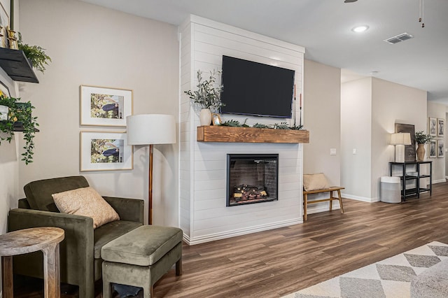 living room featuring dark hardwood / wood-style flooring and a fireplace