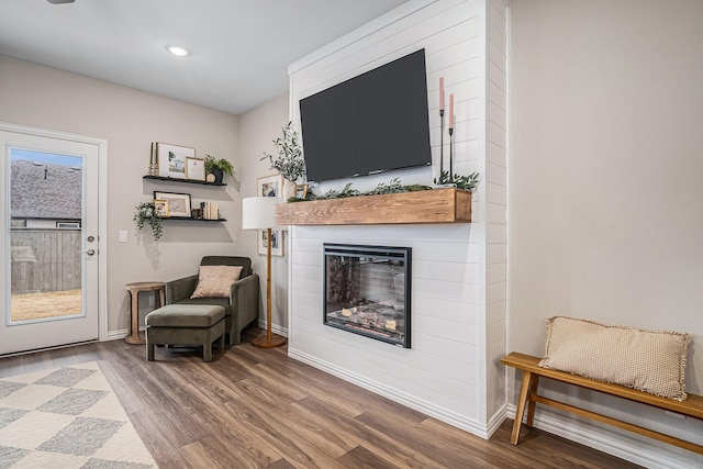 sitting room featuring wood-type flooring and a large fireplace